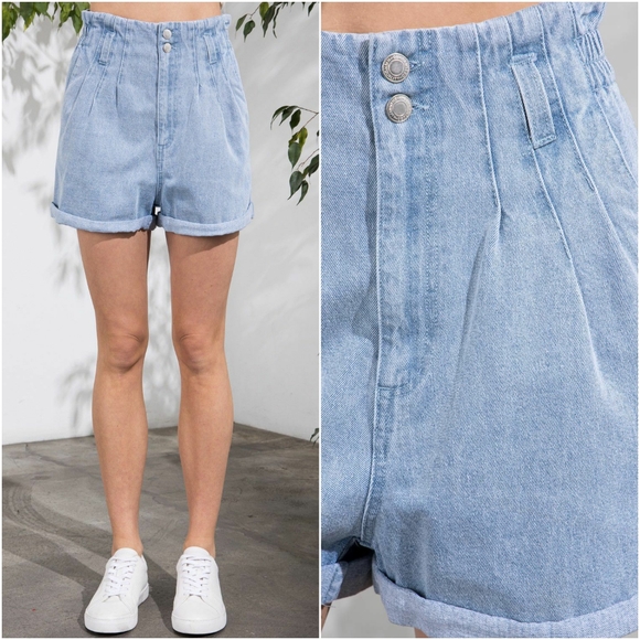 Aaron & Amber Washed Light Denim Blue High Waisted Paperbag Shorts - Picture 2 of 8